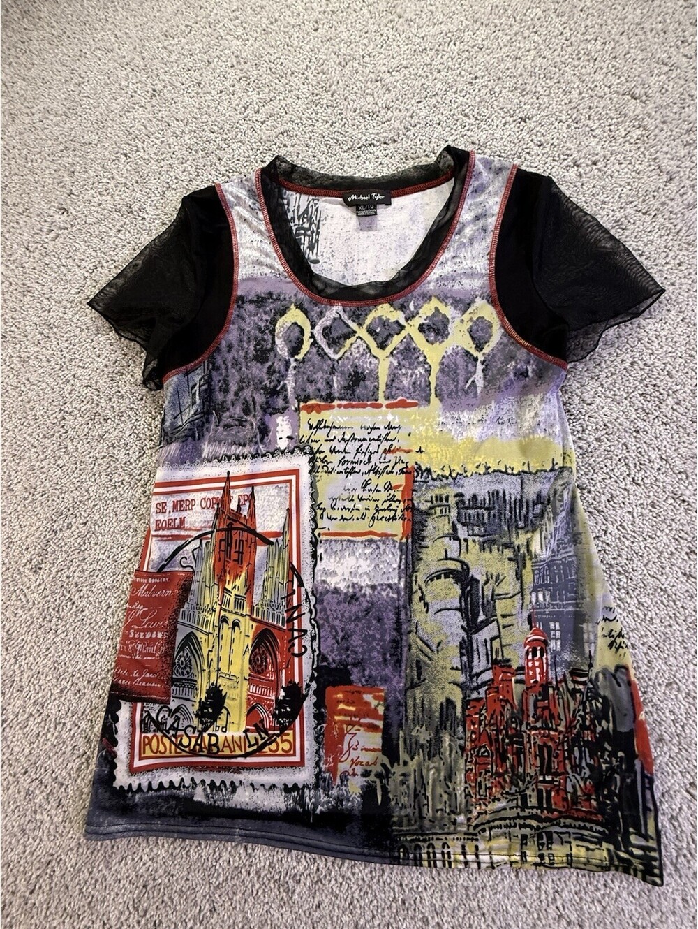 Michael Tyler Women’s Blouse Size XL Abstract Print Sheer Sleeves